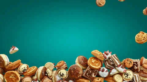 Falling Down of Different Kind of Delicious Sweets, Biscuits, Donuts and Cakes Video stock 147141790
