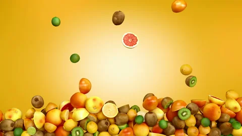 Falling down fruit in Yellow Background with alpha channel. Vitamin C or Healthy Stock Footage 145712118