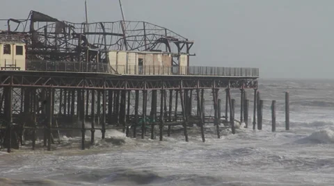 Falling Down Pier - Fire Destroyed Pier - Hastings Stock Footage 34955606