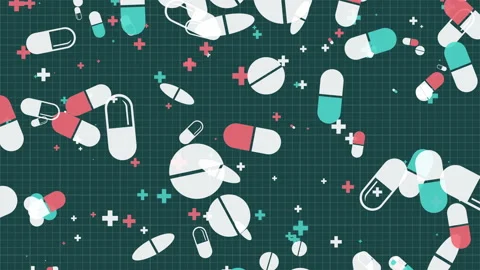 Falling drawn flat icons of red, green and white pills on green background. Stock Footage 308010841