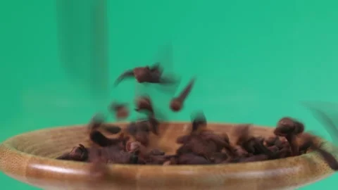 Falling dropping clove spice on green background Stock Footage 249052822