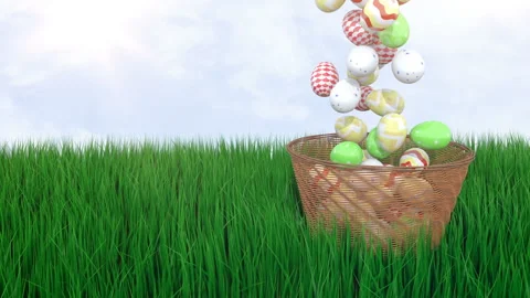 Falling Easter eggs in a wicker basket on the on lawn grass over green Stock Footage 86522708