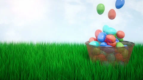Falling Easter eggs in a wicker basket on the on lawn grass over green Stock Footage 87042371