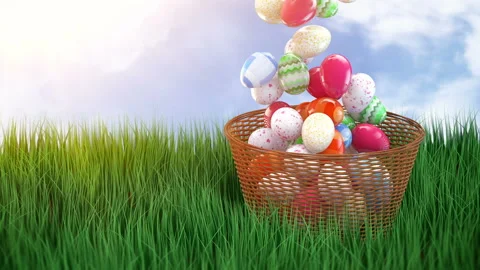 Falling Easter eggs in a wicker basket Stock Footage 104361885