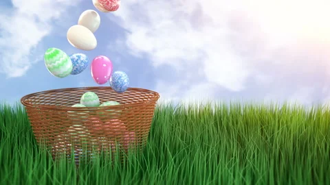Falling Easter eggs in a wicker basket Stock Footage 105276137