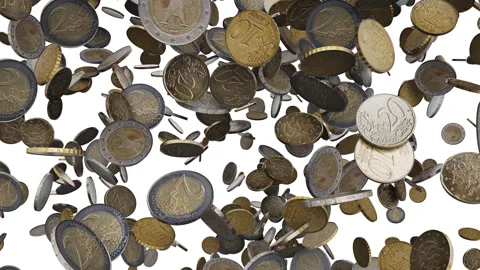 Falling euro coins on white background Vídeo Stock 288048153
