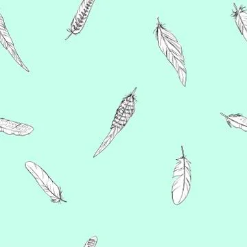 Falling feathers seamless vector pattern in soft blue color. Stock Illustration