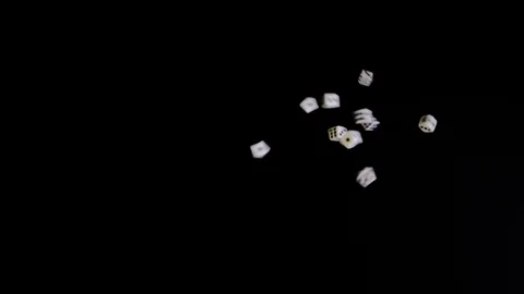 Falling, flying out white cubes on a black background. Dice fall, rotate and Stock Footage 129872823