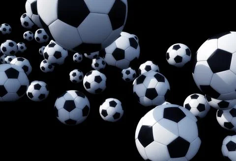 Falling foot balls on solid black background. Stock Illustration