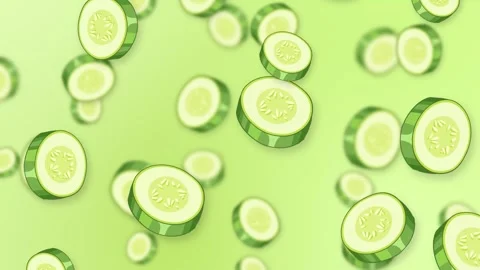 Falling Fresh Cucumber Slices Animation on Light Green Background Stock Footage 343836953