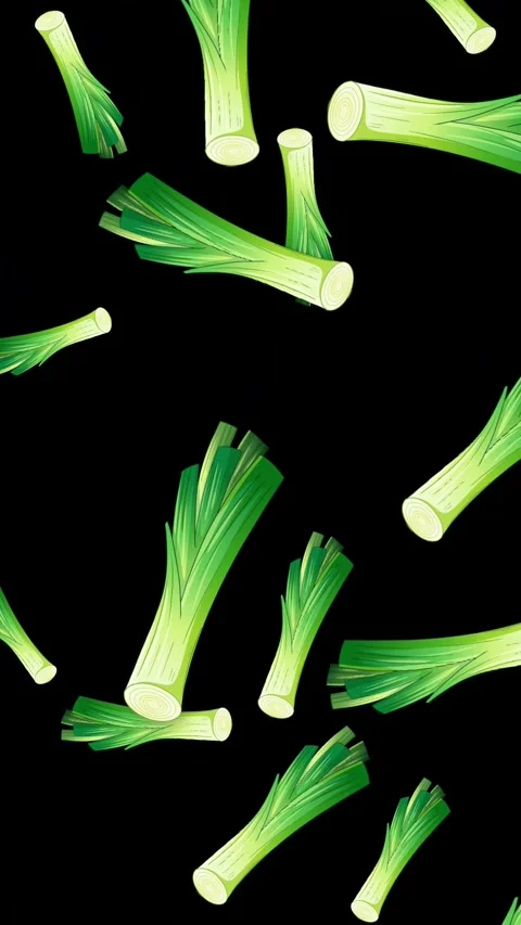 Falling Fresh Green Leek Vegetables Animation on Black Background Stock Footage 342304884