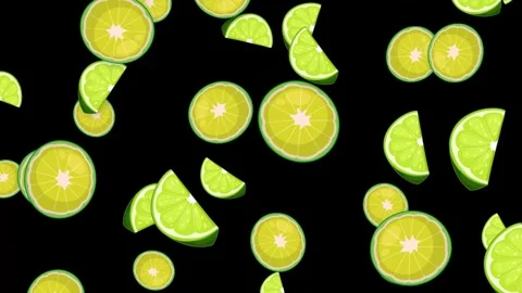 Falling Fresh Lime Slices and Wedges Animation on Black Background Stock Footage 346271242