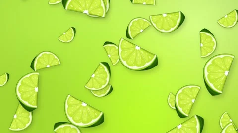 Falling Fresh Lime Slices Animation on Vibrant Green Background Stock Footage 343699149