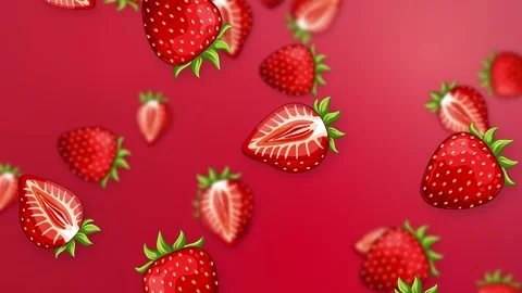 Falling Fresh Strawberries and Slices on Vibrant Red Background Stock Footage 344831384
