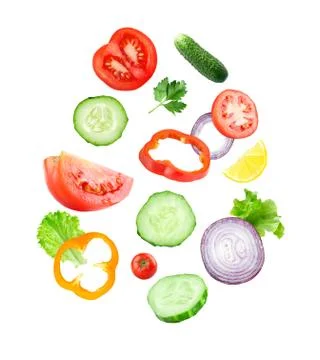Falling fresh vegetable slices Stock Photos
