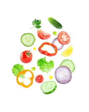 Falling fresh vegetable slices Foto stock