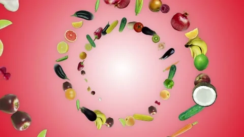 Falling FRUITS and VEGETABLES Ring Background, Loop, with Alpha Matte Stock Footage 143812839