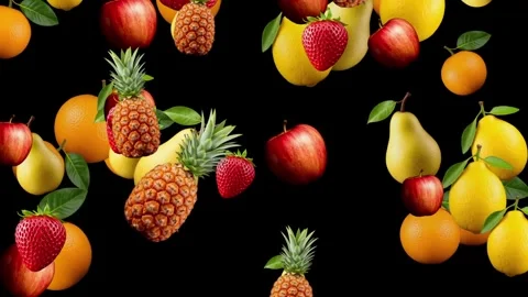 Falling fruits motion graphics with plain black background Stock Footage 301982638