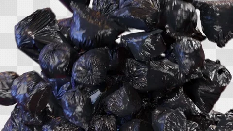 Falling Garbage Bags Transition effect with alpha channel. 3D rendering. Stock Footage 253374228