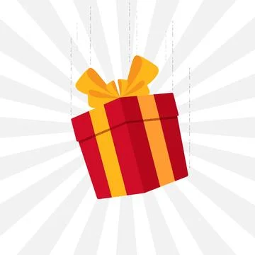 Falling gift with bows Vector illustration on white subburst background sto.. Illustrazione stock