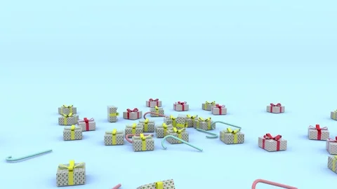 Falling Gift Boxes and candy cane on Blue Background 3d minimalist animatio.. Stock Footage 289190041
