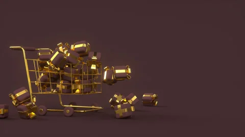 Falling gift boxes into a gold shopping cart. Stock Footage 326872841