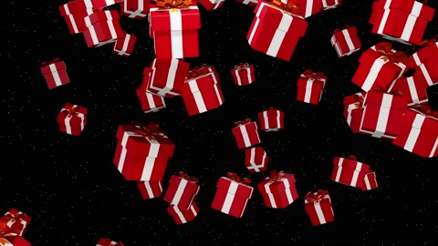 Falling gift boxes isolated on black background 3d render. Red gift boxes tied Video stock 219427337