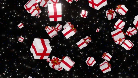 Falling gift boxes isolated on stars background 3d render. White gift boxes tied Video stock 219427526