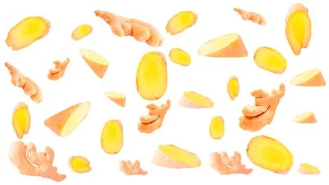 Falling ginger root isolated on white background Stock Photos