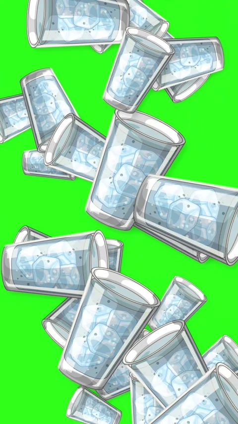 Falling Glasses of Iced Water Animation on Green Screen Background Stock Footage 342470550