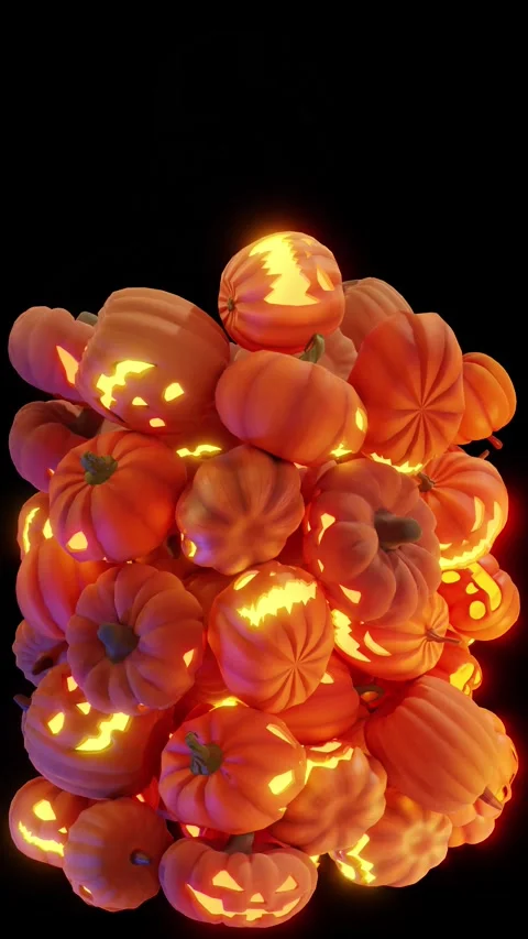 Falling Glowing Jack O Lantern Pumpkins on Dark Background Vídeos de archivo 343922581