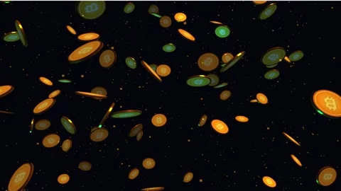 Falling gold bitcoin coins and crypto particles on dark background, cryptoc.. Stock Footage 342338042