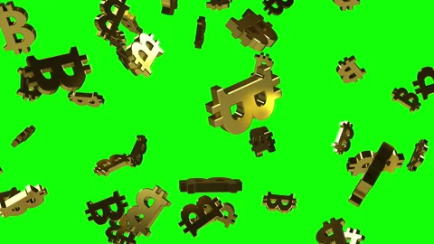 Falling gold bitcoin signs on a solid green screen background. 3D loop animation Stock Footage 165366315