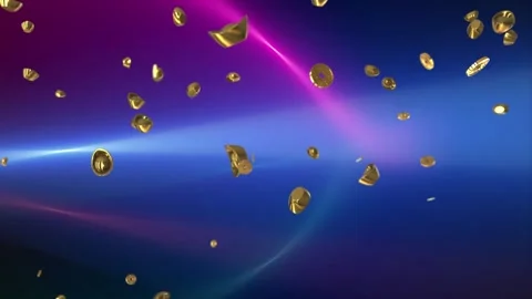Falling gold coins on abstract background. Digital money rain with neon light Stockbeeldmateriaal 340381351