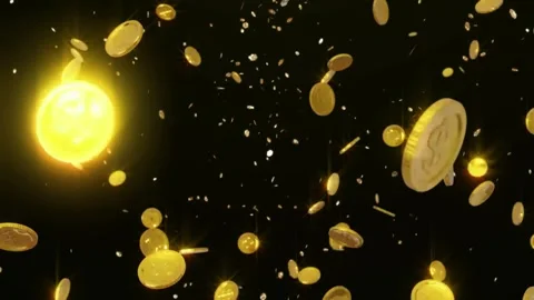Falling gold coins on black background. Shiny currency rain for financial Stockbeeldmateriaal 339646395