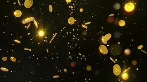 Falling gold coins on black background. Shiny currency rain for financial Video stock 341304370