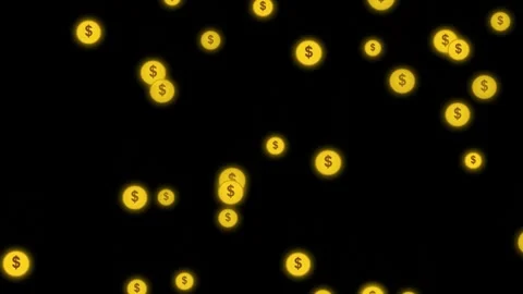 Falling gold coins with glowing dollar signs against a black background mot.. Stock Footage 343507116
