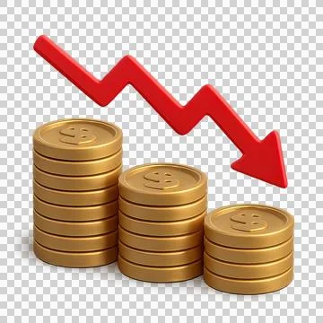 Falling Gold Coins with Red Down Arrow 3D Icon Illustration Negative Trend P Stock Illustration