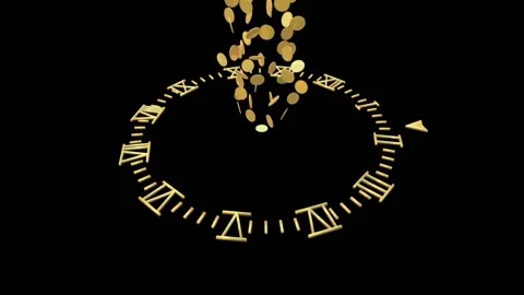 Falling Gold Coins into Roman Clock Face on Black Background Stockbeeldmateriaal 320095897