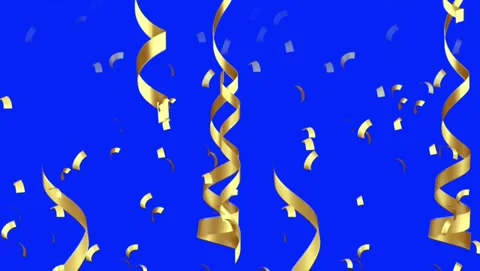 Falling gold confetti and curled ribbons on blue screen Stock Footage 345205701