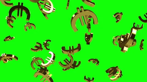 Falling gold Euro signs on a solid green screen background. 3D loop animation Stock Footage 165366359