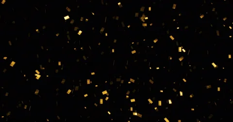Falling gold glitter foil confetti, animation 3d movement on black background Stock Footage