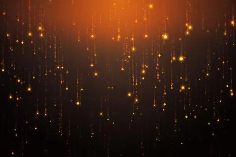 Falling gold particles flicker and shimmer against a black background. Abstra Illustrazione stock