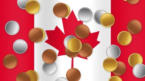 Falling Gold Silver and Bronze Coins Over Waving Canada Flag Stock Footage 345041289
