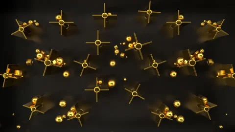 Falling golden balls and cubes, bouncing from obstacles on reflective background Stock Footage 153385420