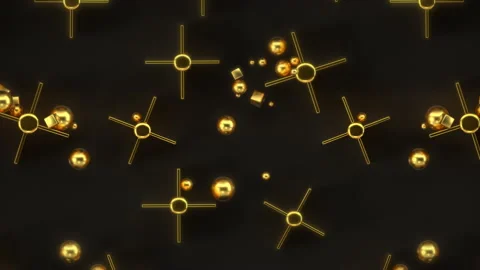 Falling golden balls and cubes, bouncing from obstacles on reflective background Stock Footage 157238372