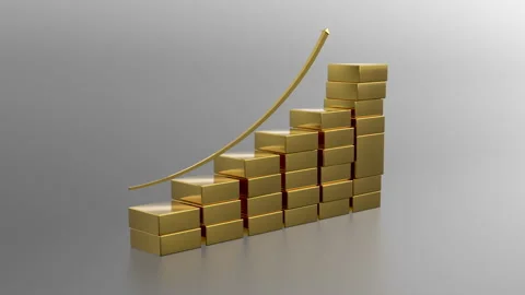 Falling golden bricks create graph stock chart. Chart arrow rising up. Видео 322763423