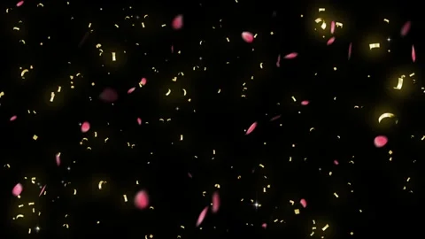 Falling golden confetti and pink petals floating against dark background for Stock Footage 345334892