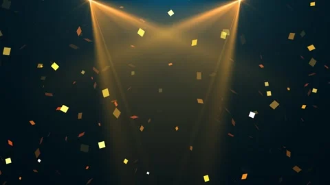 Falling golden confetti particles and beautiful glowing bokeh. Spotlights ill Stock Footage 286428054