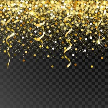 Falling golden particles on a black background. Scattered golden confetti. Rich Stock Illustration